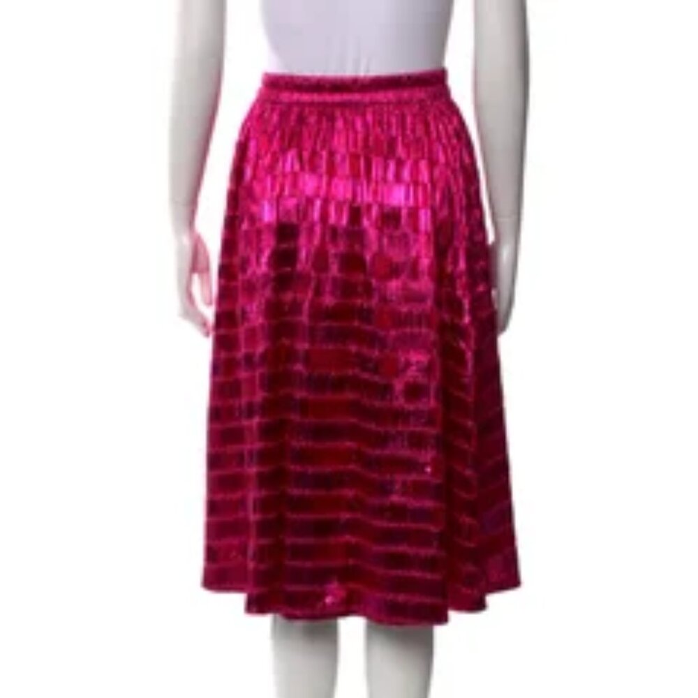 $250 Buru Metallic Lamé Pleated Midi Skirt Magenta Pink Small
